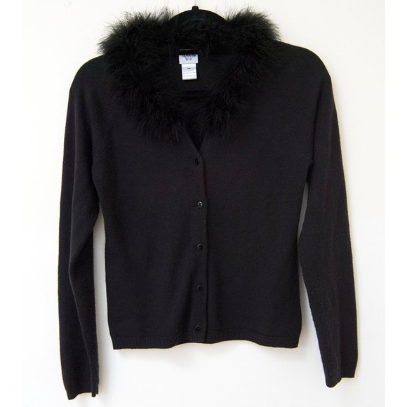 Vintage Talbots Black Acrylic Cardigan Sweater Faux-Fur Collar sz 14 - Picture 1 of 10
